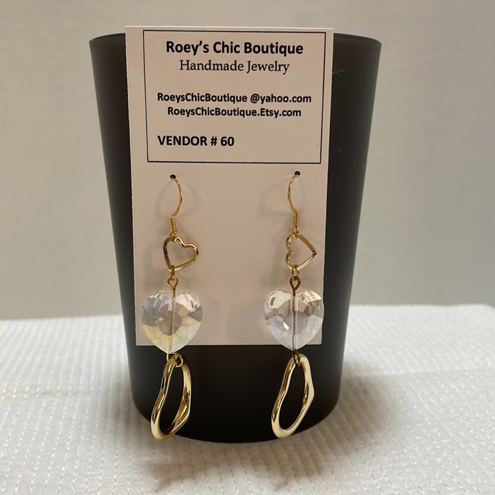 Gold and Crystal Heart Dangle Earrings 22K GP Ear Wires - Picture 5 of 6